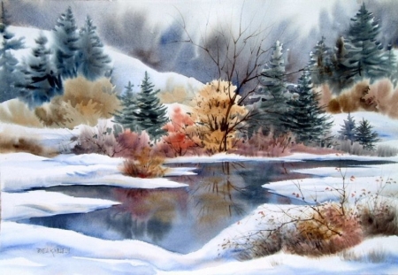 Watercolor - nature, river, snow, watercolor, winter, drawing