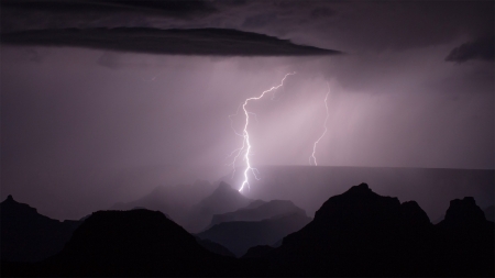 Lightning Over Grand Canyon - storm, electricity, valley, thunder, Firefox Persona theme, purple, mountains, lightning, sky, Grand Canyon