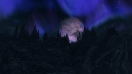 Moons of Tamriel 2 - The Elder Scrolls V, Night, Console Game, Nighttime, Computer Game, The Elder Scrolls, Tamriel, Hill, Outside, Game, Aureola, Fantasy, Elder Srolls, Console, Nice, Trees, Moon, Hills, Tree, Moonlight, Screenshot, Skyrim, After Dark