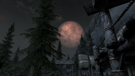 Moons of Tamriel 4 - computer game, console game, video game, riverwood, nighttime, after dark, village, game, elder scrolls, tree, skyrim, screenshot, console, the elder scrolls, moonlight, tamriel, dark, the elder scrolls v, night, darkness, town, nice, moon, trees