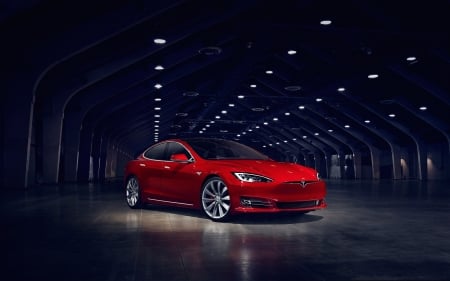 The Ultimate Garage - tesla, american, exclusive, electric car, sports sedan, luxury, garage, expensive, reflection, exotic car, red, made in usa, tiles, lights