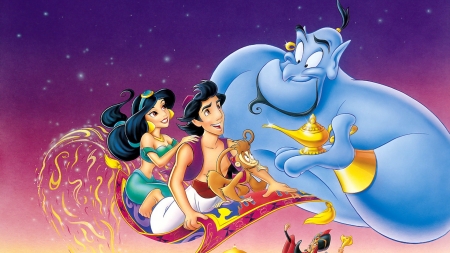 Aladdin (1992) - animation, jasmine, blue, alladin, genie, movie, princess, couple, disney