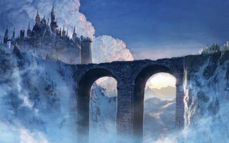 Castle - fantasy, white, jung jonghyun, art, game, cloud, luminos, castle, blue, bridge