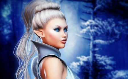 Elf girl - game, blue, girl, elf, fantasy, white, woman, rendering, luminos