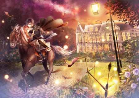 Escape - moon, anime, yellow, otogaki yoro, girl, guy, coupel, night, horse, boy, manga, luminos, luna