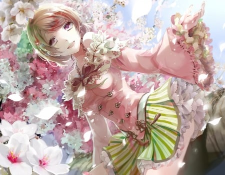 Girl - girl, yache, spring, cherry blossom, sakura, pink, green, anime, flower, manga