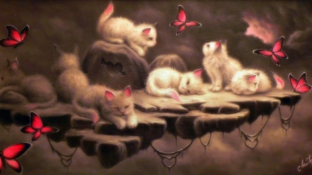 Kittens and butterflies - pinkart, cat, pictura, pisica, white, kitten, painting, butterfly, cute