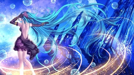 Hatsune Miku - hatsune miku, girl, bubbles, vocaloid, luminos, blue, yusuke, anime, flower, manga