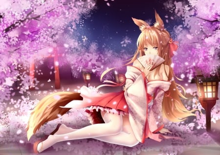 Fox girl - girl, yeluno meng, fantasy, spring, fox, sakura, pink, red, anime, manga