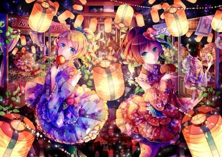 Girls - anime, yellow, blue, girl, r ed, yasato, lantern, colorful, manga