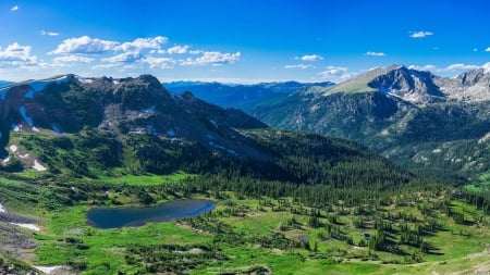 mountains by a small pond. - nature, fun, lake, forest, mountain