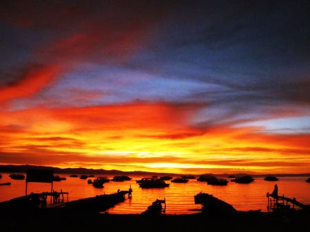 Sunset at Lake Titicaca, Peru - clouds, water, colors, reflection, rocks, sky