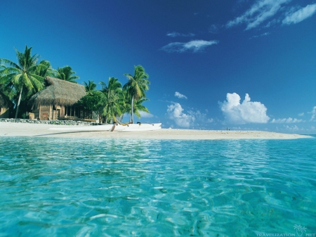 Tahiti Beach - clouds, palms, water, cabin, sea, sand, sky