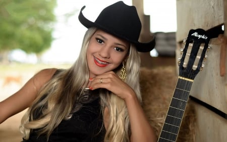 Shall I Play For You.. - women, fun, female, hats, fashion, models, western, girls, music, guitar, cowgirl, style, blondes, barn, ranch