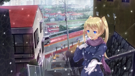 A cold day - japan, cold, snow, blonde girl, anime, winter, cute