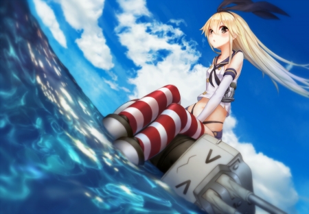 4 - blonde hair, anime, sea, girl, blue, school