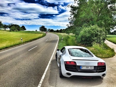 Audi R8 - trees, car, road, Audi, auto, R8, sky