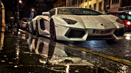 Lamborghini Aventador - street, Lamborghini, car, rain, auto, night, Aventador