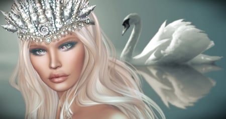 Beauty - bird, fantasy, white, blue, swan, rendering, beauty, luminos