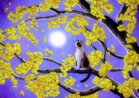 Kitten in Gingko - paintings, colors, cat, flowers, moons, fantasy, gingko leaves, nature, kitten, love four seasons, draw and paint, animals