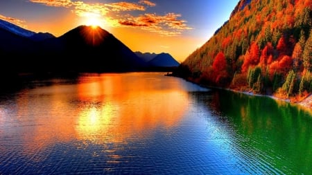 Lake Reflection - Mountain, Sun, Lake, Nature