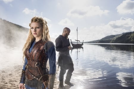 Vikings - sky, tv series, vikings, entertainment, lagertha, beautiful, clouds, sea, boat, ragnar lothbrok