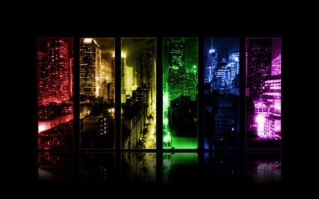 Flavoured Vision - yellow, blue, windows, flood, city, orange, purple, red, green