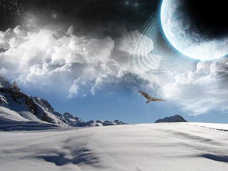 Fantasy Winter - mountain, plannet, clouds, snow, winter, fantasy, bird