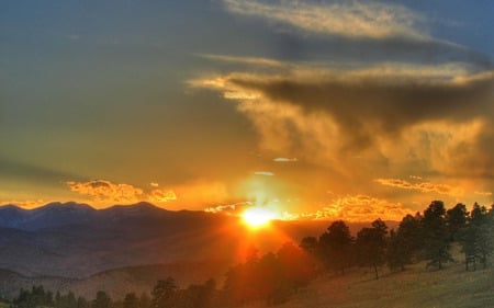 Sunset By The Hill Side - nature, trees, hills, sunset, mountains, sunrise