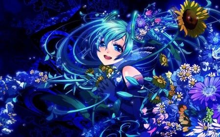 Anime Girl - flowers, anime, girl, blue