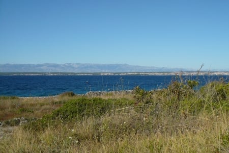 coast - water, coast, blue, beach, rock, sea, grass, seaside, ocean, shore, bush, green, Croatia, mountains, sky