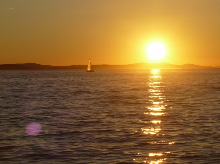 sunset - ocean, sail, sun, water, sunset, coast, gorgeous, ship, caique, sunn, beautiful, island, sailboat, sea, boat