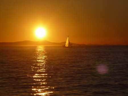 sunset with sailboat - caique, sundown, blue, boat, evening, island, shor, sail, Zadar, croatia, sun, water, beautiful, ship, sea, ocean, sunset, sailboat, catboat