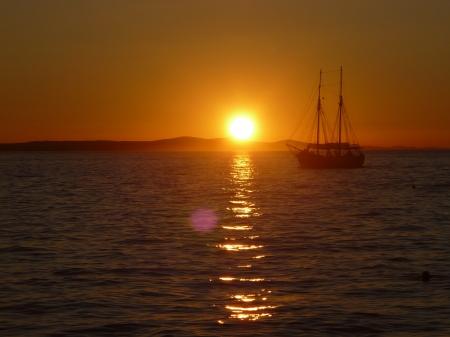 sunset with boat - water, sundown, blue, beautiful, ship, boat, sea, island, ocean, orange, sunset, sailboat, Zadar, mountains, sun, croatia