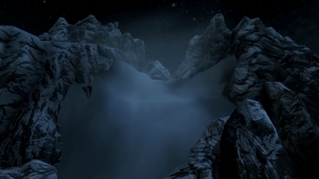 Skyrim Night Impression 2 - computer game, console game, video game, after dark, game, stars, fantasy, elder scrolls, starlight, fog, mountain, skyrim, screenshot, console, the elder scrolls, tamriel, dark, the elder scrolls v, fantasy game, night, darkness, star, snow