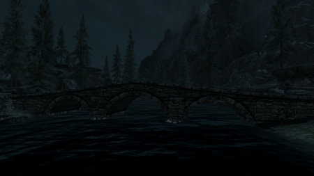 Skyrim Night Impression 4 - computer game, trees, screenshot, video game, water, darkness, fantasy, skyrim, dark, console game, game, river, tree, bridge, hill, console, hills, elder scrolls, tamriel, riverwood, nightsky, night, the elder scrolls v, the elder scrolls, after dark, fantasy game