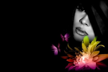 Beautiful Face - pretty, elegant, beautiful, serene, girl, flowers, fantasy, digital, woman, face, art