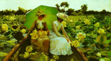 Afternoon Delight - girls, costume, woman, women, girl, fantasy, art, pretty, yellow, beautiful, 19th century painting, green, digital, flowers, boat