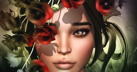 Beauty - woman, beauty, rendering, girl, fantasy, face, luminos, red, flower, poppy