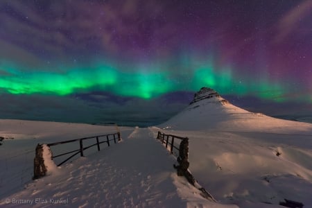 Northern Lights over Iceland - sky, landscape, snow, colors, bridge