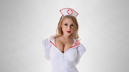 Viola Bailey - gray background, blondes, model, nurse outfit, Viola Bailey, outfit