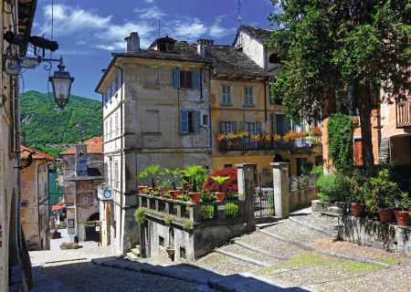 Piemont, Italy - stairs, houses, sky, town, clouds, artwork