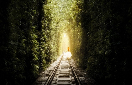 Follow the Light - women, pathway, follow, trees, sunlight, railroad, forest, tracks