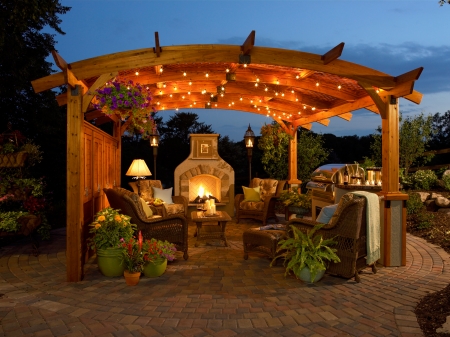 Backyard Oasis - pergula, fire, gazebo, seatting, stars, light