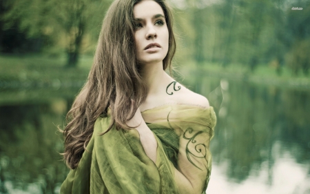 girl on the lakeside - brunette, lake, tree, girl