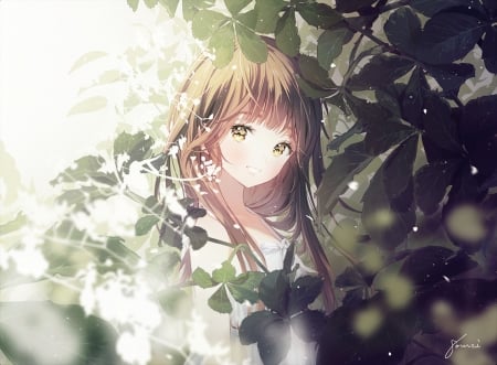 Gentle Sound - pretty, anime, kawaii, female, maiden, dress, forest, light, long hair, leaves, happy, nice, anime girl, beautiful, girl, blush, beauty, lovely, brown hair, sweet, smile, white, lady, green, cute, shade, adorable, leaf