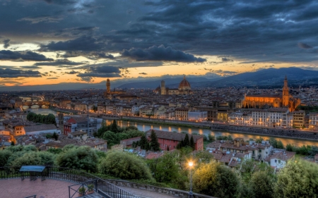 Stormy Day in Florence, Italy - clouds, river, sunset, landscape, city, buildings