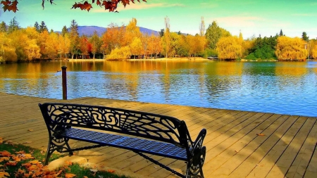 Peaceful Spot - bench, autumn, landscape, river