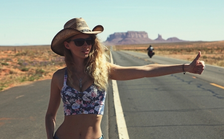 Cowgirl Hitching.. - women, motorcycle, fun, female, hats, models, western, girls, cowgirl, style, outdoors, highway, blondes