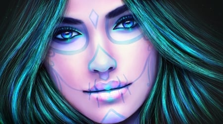 Hinc illae lacrimae - face, girl, hinc illae lacrimae, blue, skull, fantasy, magicnaanavi, sugar, luminos, woman, green